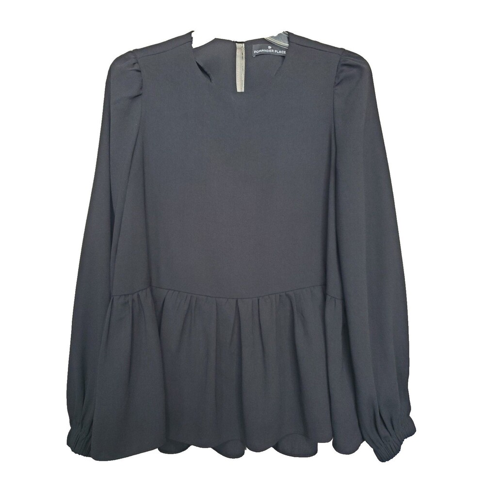 Pomander Place Tuckernuck Carlota Peplum Black Puff Sleeve Blouse Size XS